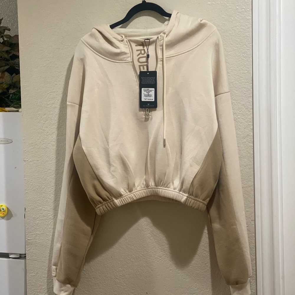 New True Religion zipper cinched hoodie in birch /travertine tan cream Y2K style